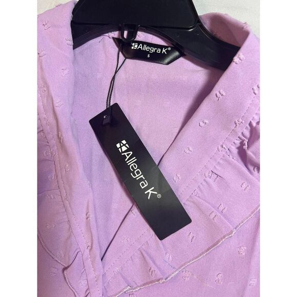 Swiss Dots Long Sleeve Button Front Ruffled Collar Shirt- Allegra K, Lavender S - Picture 8 of 9